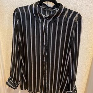 ]White House Black Market Black Sheer Shadow Stripe Button Down Blouse
